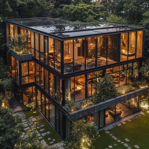 玻璃墙多层住宅后院聚会