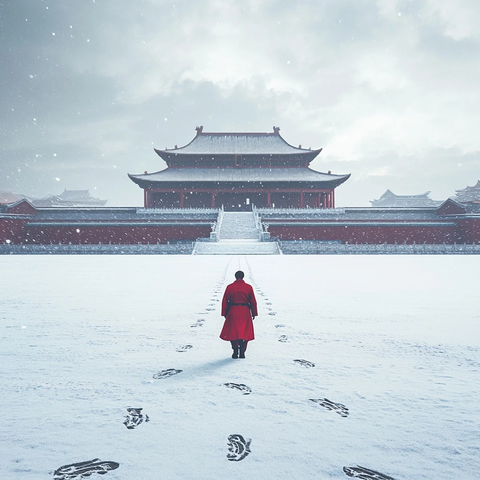 身穿红衣之人独自行走于故宫雪地中