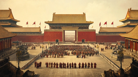 故宫门前大批古装人物列队场景