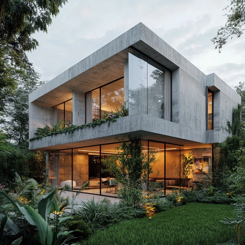 混凝土房屋与绿植环绕