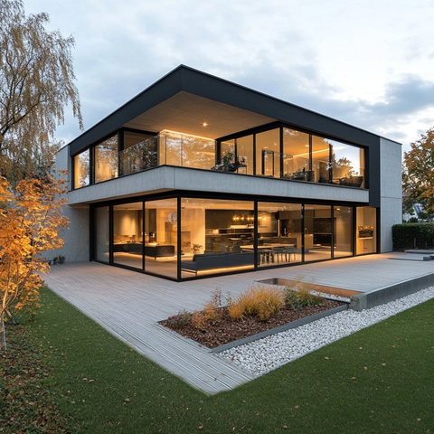 黑屋顶混凝土别墅木质露台