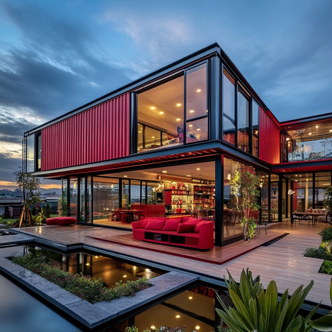 红色外墙玻璃全景住宅