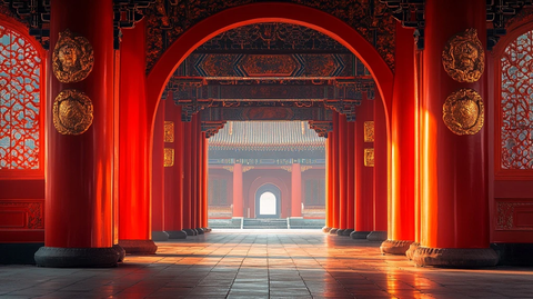 古色古香的中式建筑红色拱门内景