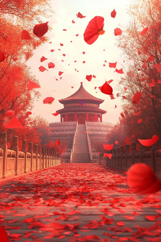 古建筑前飘落红叶的唯美风景