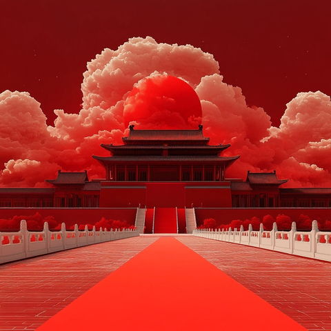 红地毯通往宏伟壮丽的中式古建筑