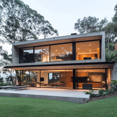 混凝土墙与玻璃窗的宁静住宅