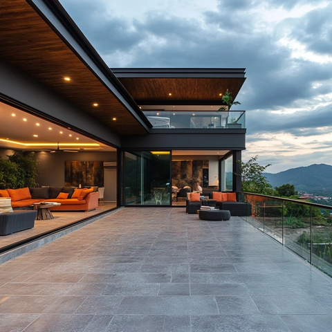 户外大露台瓷砖地板玻璃栏杆