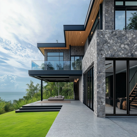 石墙玻璃别墅草坪环绕阶梯