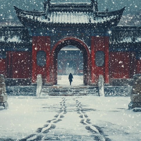 雪中古建筑前独自行走的人