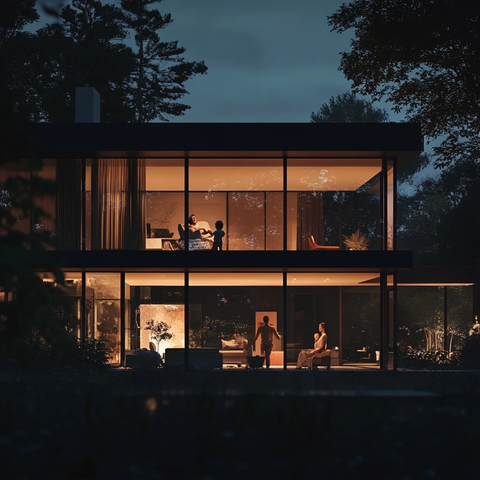 玻璃屋内温馨家庭夜