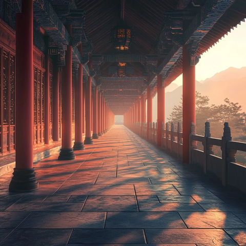 古色古香的红柱长廊建筑景观