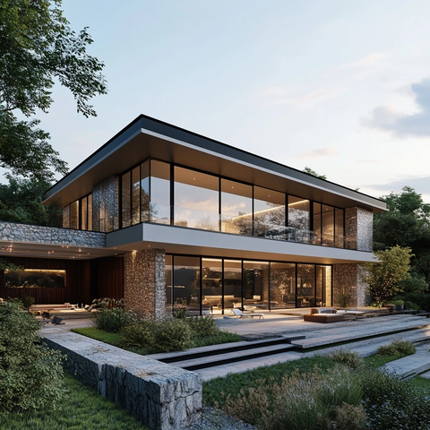 玻璃墙自然材料现代住宅