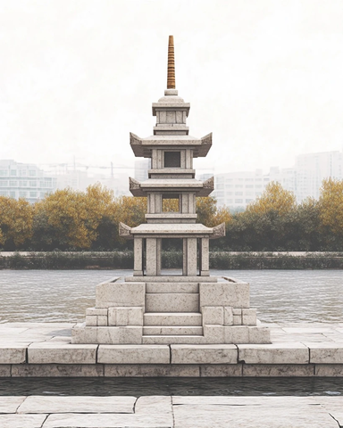 水边多层石塔建筑景观