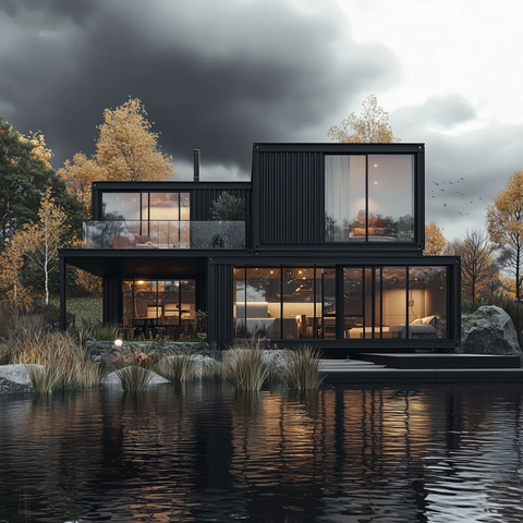 湖畔模块化黑色集装箱住宅