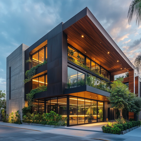 木板绿植玻璃墙建筑