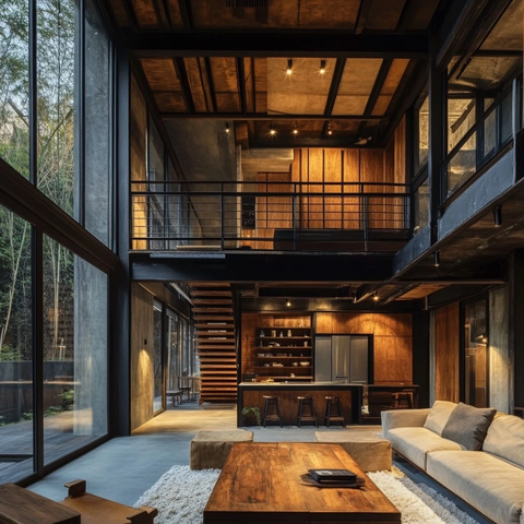 木质家具与氧化钢外墙