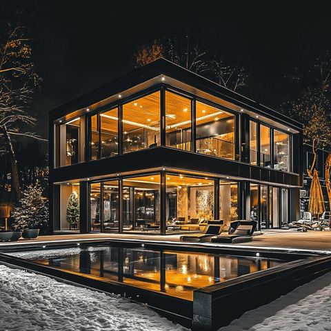 黑色豪宅夜幕泳池树影