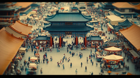 古建筑下热闹的集市人群全景