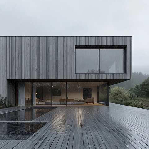 现代木屋全景窗雨景