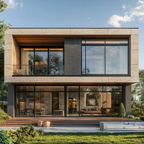 双层别墅木石设计全景窗