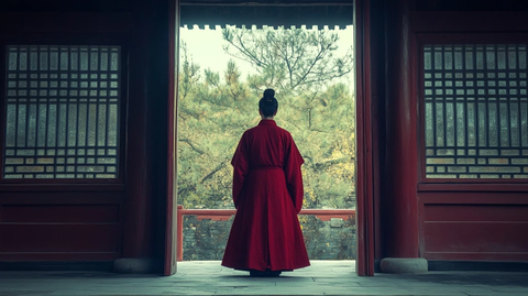身着红衣长袍的人站在古建筑门前
