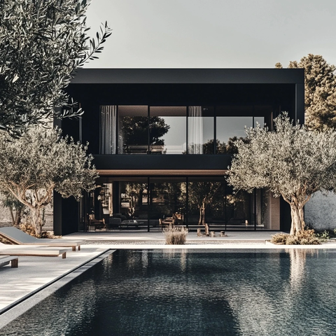 黑色别墅带泳池和橄榄树