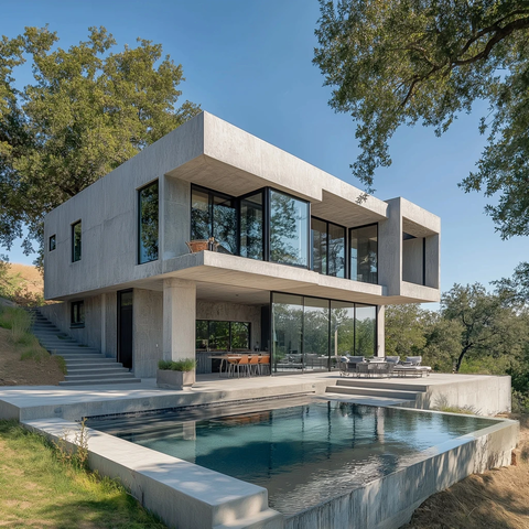 混凝土房屋带泳池户外烧烤