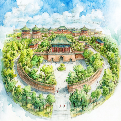 中式古建筑园林鸟瞰全景