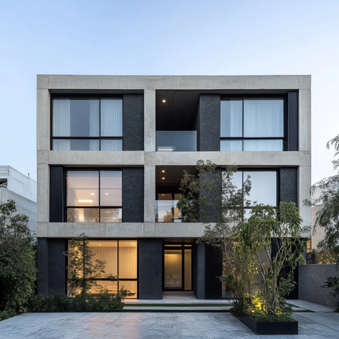 两层混凝土建筑与绿色环绕