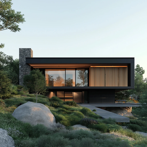 山坡木质屋顶大窗房屋