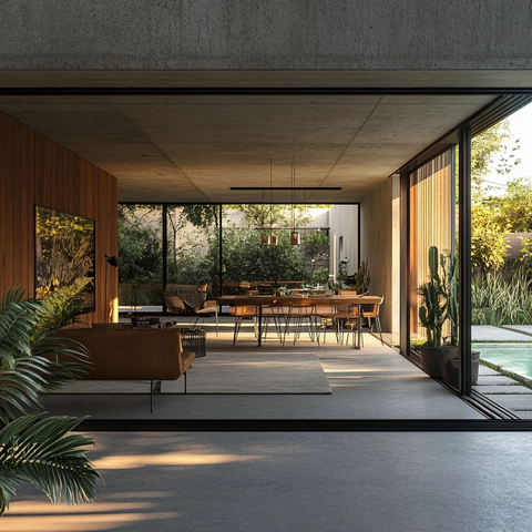 室内客厅餐厅视角室外泳池