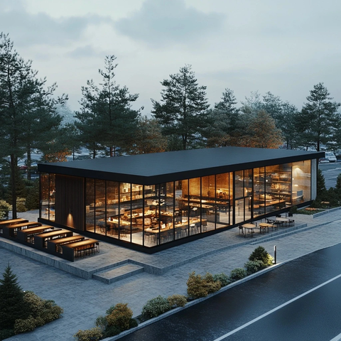 咖啡店与停车场全景