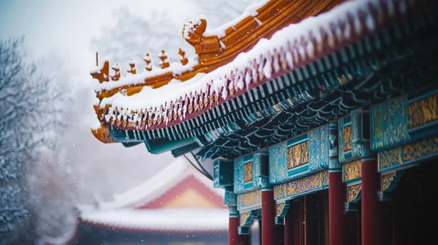 古建筑飞檐在雪中展现独特东方韵味