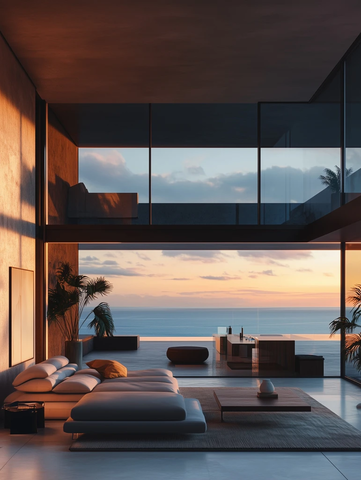 全景玻璃墙海洋景观客厅