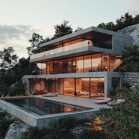 山坡现代别墅与泳池屋
