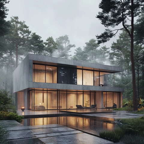 玻璃窗混凝土房屋雨雾森林