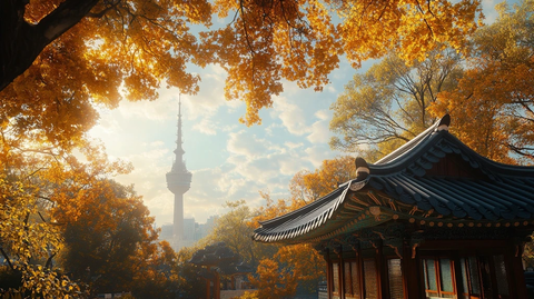 传统建筑旁的高塔秋景