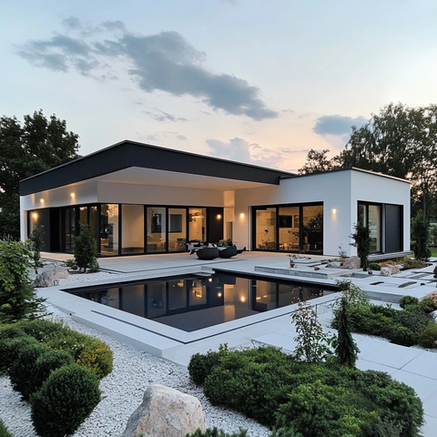 白色别墅带泳池园林设计