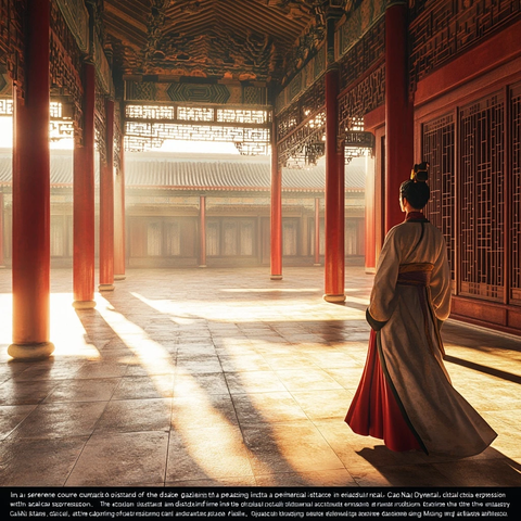 古装女子于古建筑中行走的场景