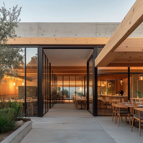 木质格栅与玻璃餐厅外立面