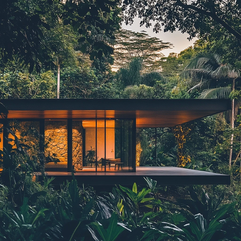 热带木屋玻璃墙日落景观