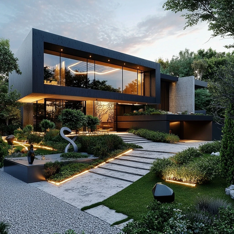 玻璃混凝土豪宅雕塑前院