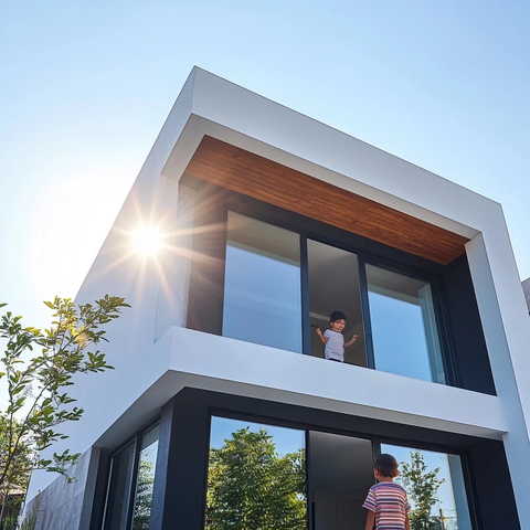 小孩窗外视角现代房屋