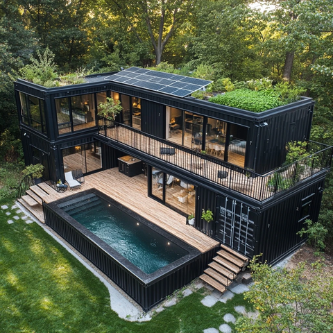 双层黑盒住宅带泳池温室