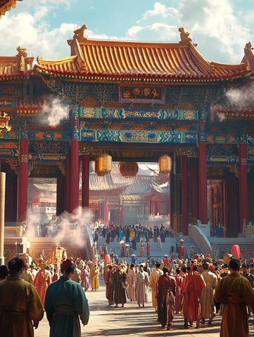 古装人群聚集在华丽的古建筑门前