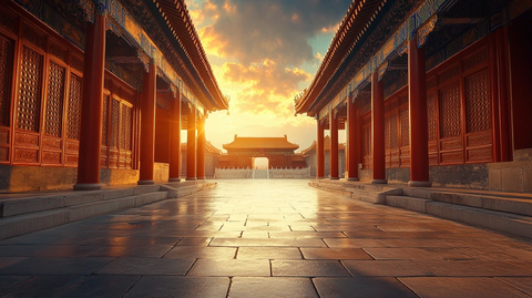 故宫古建筑走廊夕阳余晖下的壮丽景象