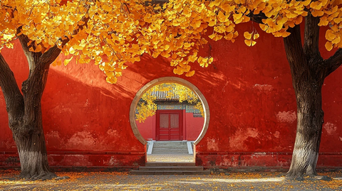 红墙拱门旁银杏树金黄落叶秋景