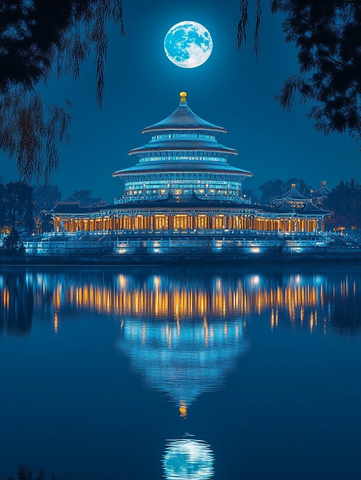 月光下的天坛夜景倒影