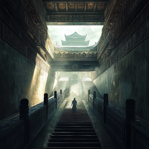 古建筑中一人独行的幽深静谧场景