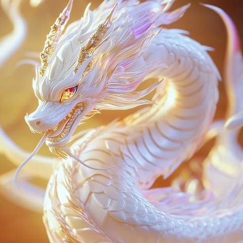 白龙全身像金色眼眸彩虹光环